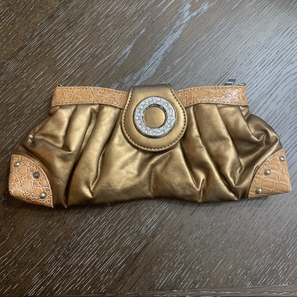 Bronze metallic clutch with faux brown alligator corners